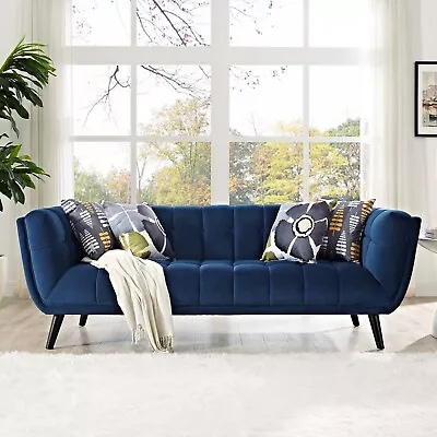 Modway Mid-Century Modern Retro Tufted Velvet Upholstered Wood Leg Sofa In Navy • $977.18