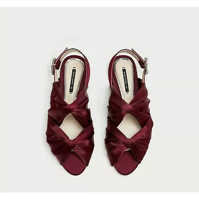 Zara Flat Satin Sandals In Burgundy With Bejewelled Brooch Buckle Detail Size 6 • $44.99