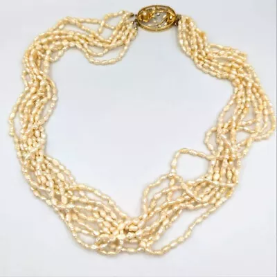 Beautiful Rice Pearl Vintage Multi Strand Necklace With Ornate 14k GP Clasp • $168