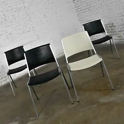 Vintage Aluminum Steelcase Stacking Chairs Model #1278 1 White 3 Black Set Of 4 • $1995