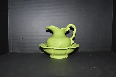 Vintage McCoy Pottery Pitcher And Basin Wash Bowl Set Bright Lime Green • $16.99