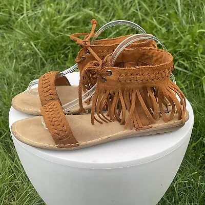 Minnetonka Sandals Womens 9 Brown Suede Fringe High Ankle Gladiator Tie Up • $24.97