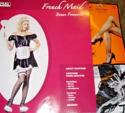 FRENCH MAID COSTUME Lot-Women-One Size-DressHead PieceApronGarterHose • $22.99