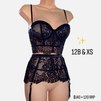 $200 • Buy Honey Birdette Maria Black Bra (12B) + Suspender (XS) Set  # Gothic # Pinup