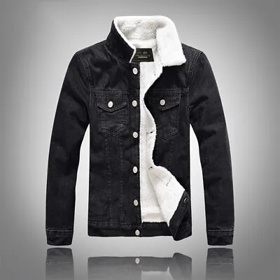 Men Casual Denim Sherpa Fleece Faux Fur Lined Jacket Tops Outdoor Coat Pockets • $96.13