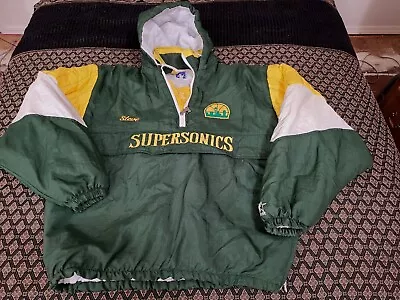 Vtg Starter Seattle Supersonics Lg Pull Over Hooded Jacket Seattle Skyline Logo • $275