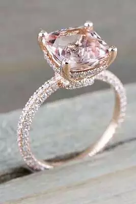 Ct Cushion Pink Morganite Simulated Diamond Engagement Ring 14k Rose Gold Silver • $119.25