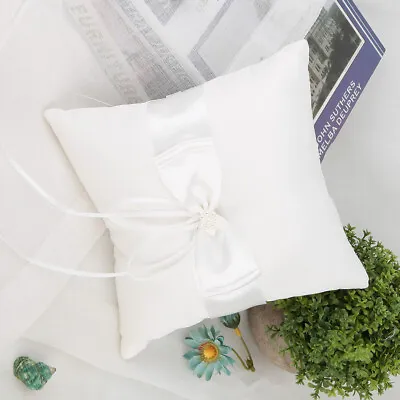 White Satin Bowknot Ring Bearer Pillow Holder Wedding Ring Pillow With Si UK SMO • £15.29