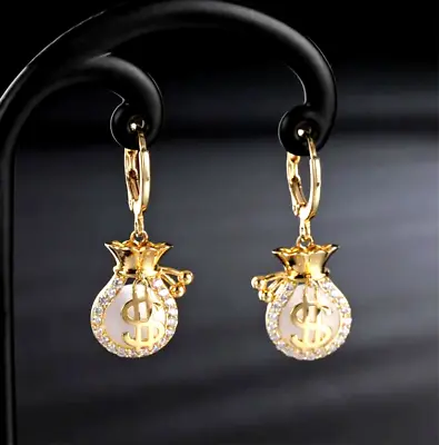 Fashion Women Dollar Purse Pattern Rhinestone Money Bag Earrings Dangle Golden • $12.98