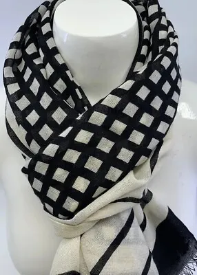 J.Crew Wool Checkered Scarf Black Ivory Thin Soft Geometric 70  Long X 30  Wide • $22