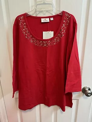 Quacker Factory XL Red 3/4 Sleeve Top Stud Detail Around Neck Stretch New • $19