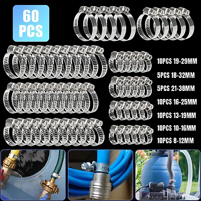 60X Hose Clamps 8-38mm 7 Sizes Adjustable Steel Band Worm Clip Radiator Heater • $15.48
