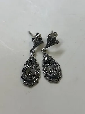 VINTAGE ART DECO FAS  925 STERLING SILVER With MARCASITE DANGLE EARRINGS D9 • $23.95