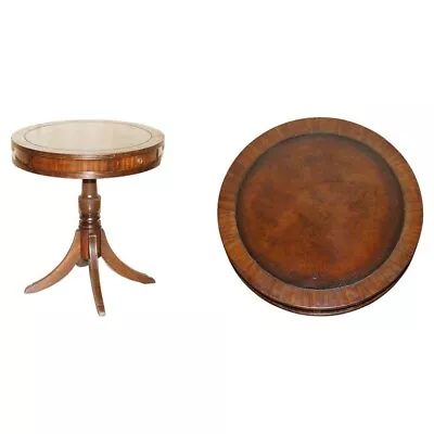 Restored Mahogany Cigar Brown Leather Side End Lamp Wine Drum Table Drawers • $1182.80