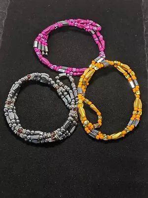 Set Of 3 Magnetic Hematite Wrap Bead Bracelets Orange Pink Gray • $5.88