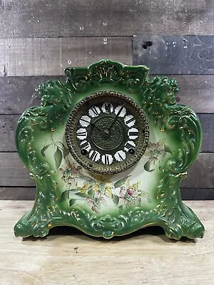 Antique Green William L. Gilbert No. 411 Porcelain Mantel Clock • $337.20