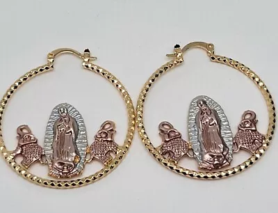 Tri Color Goldtone Our Lady Of Guadalupe & Elephant Hoop Earrings - Unique • $9.50