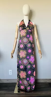 Vtg 70s Peter Pan Psychedelic Halter Maxi Dress Nylon Made In USA Size 10 S/M? • $29.99