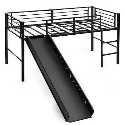 96CM Kids Low Loft Bed Frame Single Size Steel Bed Mid Sleeper W/Ladder & Slide • £134.95