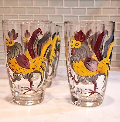 6 RARE Ltd Edition VINTAGE LIBBEY Hand-Painted ROOSTER 12oz HIGHBALL Glasses • $42