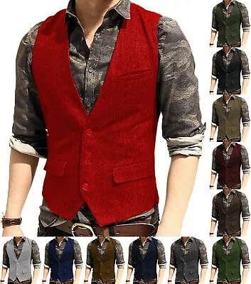 Casual Vests Mens Tweed Waistcoats Herringbone Groom Vintage Retro S-3XL Wedding • $39.59