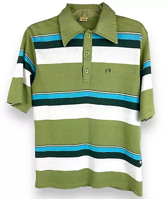 Hang Ten Big Collar Polo Shirt Green Blue Stripes Sz M Original Vintage 70s Nice • $120