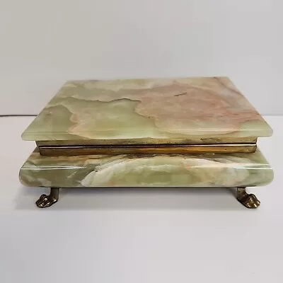 Vintage Green Onyx/Marble Brass Claw Feet Hinged Jewelry Box 7  Velvet Lined • $45