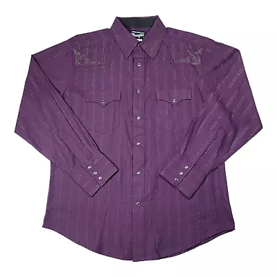 Wrangler Mens L Long Sleeve Pearl Snap Western Shirt Embroidered Purple Shimmer • $35.14