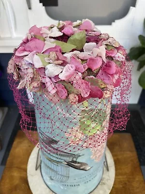 Vintage Velvet Pink & Green Floral Hat Dayne Taylor Exclusive - 1950's - 1960's • $29