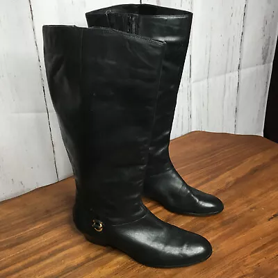 Selby Comfort Flex Knee High Black Leather Boots W/Gold Charm Inside Full Zip 7N • $50