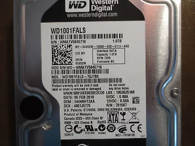 Western Digital WD1001FALS-75J7B0 DCM:HANNHT2AA 1.0TB 3.5  Sata Hard Drive • $104.68