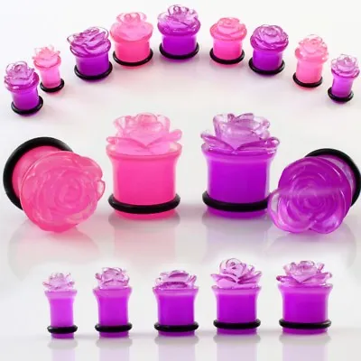 Pair Of Pink Acrylic Carved Rose Flower Plugs Ear Gauges 2G 0G 00G 7/16  1/2    • $5.10