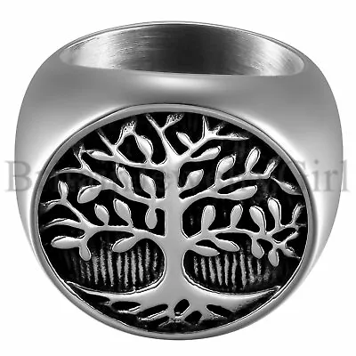 Retro Men's Tree Of Life Stainless Steel Wedding Promise Ring Band Size 7-12 New • £10.99