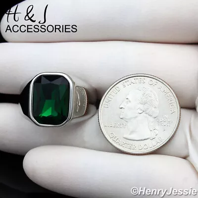 MEN's Stainless Steel Rectangle Green Gemstone Plain Silver Ring Size 7-12*AR151 • $16.99