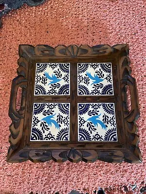 Mexican Hand Carved Wood Decorative Tiles Serving Tray 13x13 White Blues Birds • $28