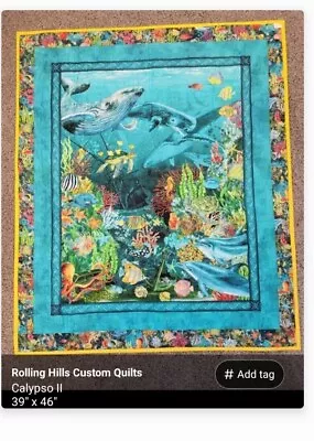 $99 • Buy CALYPSO II, 39  X 46 , Sea Life, Wall Hanging, Crib Quilt, Teal, Handmade, New