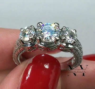 Moissanite Vintage Wedding Engagement Ring 2 CT Round Cut Solid 14K White Gold • $232.29