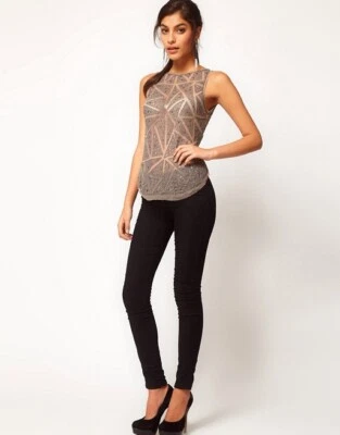 $40 • Buy New With Tags ASOS Grey Silver Beaded Embellished Sheer Singlet Tank Top Size 20