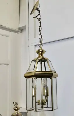 Vintage Art Deco Brass & Glass Hall Lantern Pendant Foyer Hanging Light Lamp • £208.03