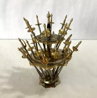 VTG 70's Toledo Damascene Spain 24 Miniature Sword Cocktail Olives Picks W/Stand • $75