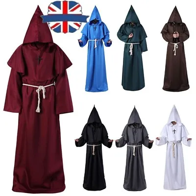 Adult Halloween Mens Monk Cosplay Robe Cloak Capes Friar Medieval Priest Costume • £15.79