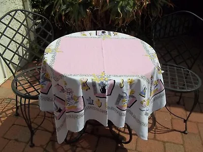 Vintage 50's Pink Tablecloth Novelty Design Clock Daffodils Coffee Pot 44x50  • $29