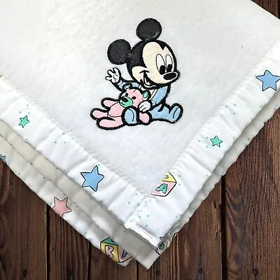 Vintage Disney Babies Mickey Mouse Acryllic Satin Edge Baby Blanket Comforter • $40