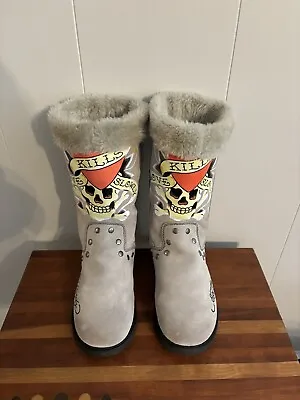 Don Ed Hardy Love Kills Slowly Sand Grey Suede Faux Fur Skulls 7 Womens Boo • $32