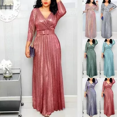 Classic V Neck Shiny Long Sleeve Maxi Dress For Women's Prom Ball Gown • £37.88