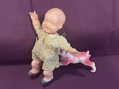 Vintage Japanese Celluloid Mechanical Baby With Dog Chasing About 1920s • $45