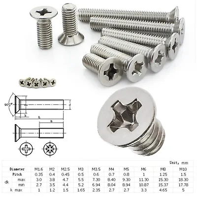 M1.6 M2 M3 M4 Stainless Steel 304 Phillips Countersunk Flat Head Machine Screws • $7.82