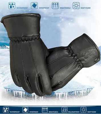 Mens Black Leather Driving Winter Gloves Thermal Soft Fleece Lined • £6.99