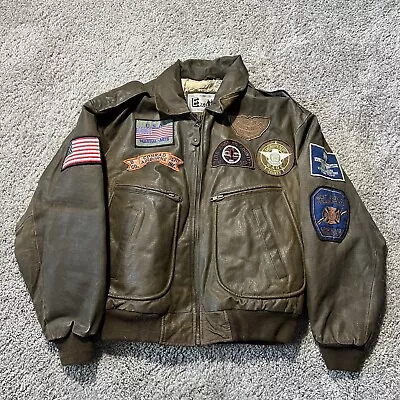 Vintage Leather Flight Bomber Jacket Map Us Military Patches Police Style 90s • $64.95