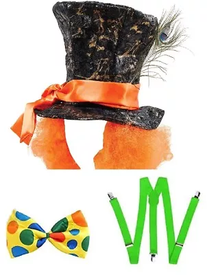 Adult Mad Hatter Alice Tea Party Stovepipe Hat With Hair Braces Jumbo Bow Tie • £14.49